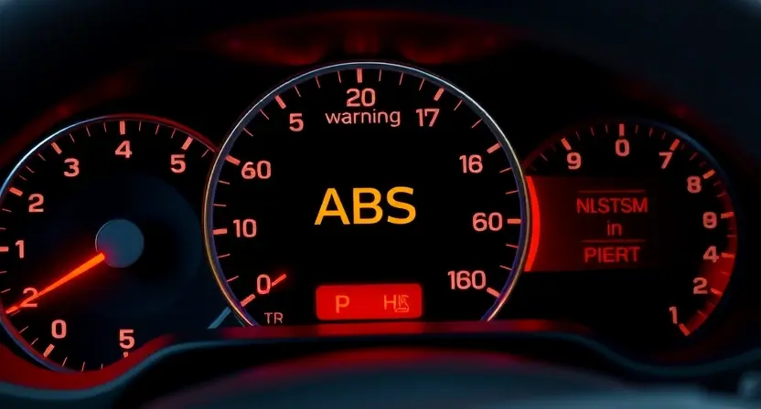 A close-up, detailed illustration of a car's dashboard with the ABS warning light illuminated. The dashboard should be clean and modern, focusing on the warning light and surrounding indicators. The car interior should be subtly visible but not distracting.