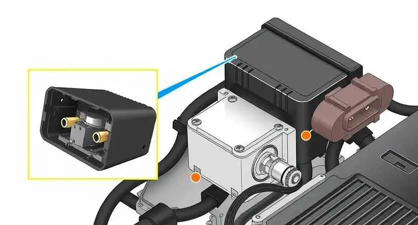 A detailed illustration of an ABS (Anti-lock Braking System) module with a highlighted solenoid valve and its associated wiring. The image should clearly show the solenoid valve's internal components and its connection to the ABS control unit. Focus on the wiring harness and potential points of failure. The background should be a clean, neutral color to emphasize the technical details. The image should depict a close-up view, showcasing the complexity of the system.