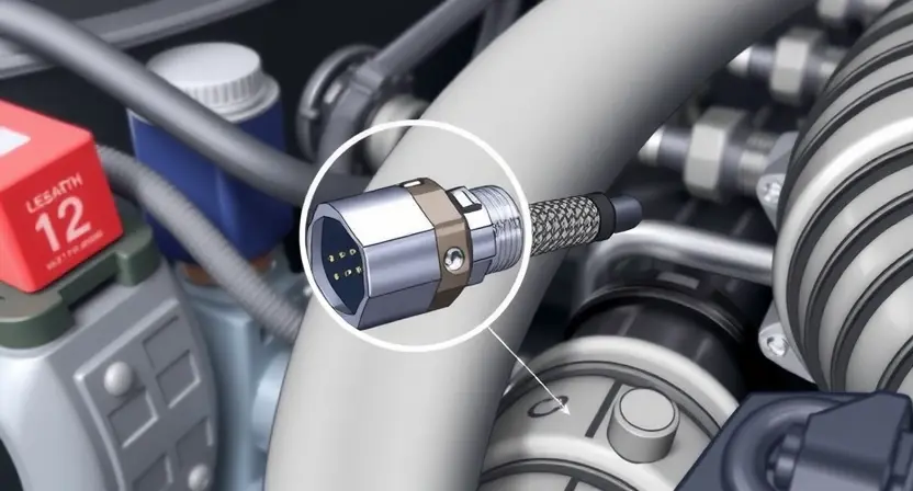 A close-up, detailed illustration of a car's intake manifold with a focus on the temperature sensor and its electrical connector. The sensor should be clearly visible, along with the wiring harness and connector. The background should be blurred to emphasize the sensor area. The image should convey a sense of technical precision and diagnostic inspection.
