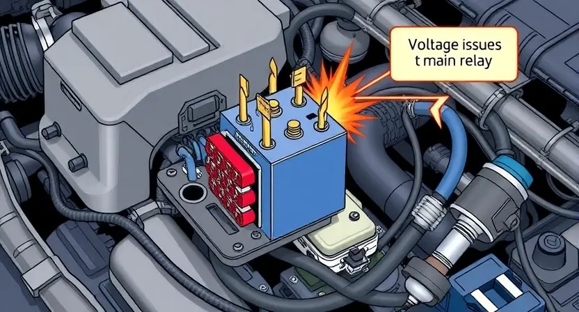 A detailed illustration of a car's main relay with visible electrical connections, showing signs of voltage issues such as sparks or overheating. The relay should be depicted in a close-up view, highlighting the internal components and the problematic areas. The background should include a car engine compartment to provide context.