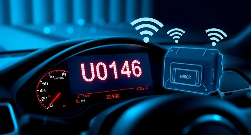 A stylized automotive diagnostic scene showing a car's dashboard with a glowing error code U0146 displayed on a digital screen, surrounded by subtle circuit-like patterns and a faint silhouette of a gateway module (ECU) with disconnected wireless signals (broken Wi-Fi/Bluetooth icons) emanating from it, all in a cool blue and silver color scheme with high-tech, clean, professional aesthetics