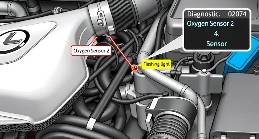 A detailed illustration of an automotive engine bay, specifically focusing on the area around the exhaust manifold and intake system. Highlight a sensor labeled 'Oxygen Sensor 2' with visual indicators of potential malfunction (e.g., a flashing light, a diagnostic code displayed on a nearby dashboard). Show wiring and connectors related to the sensor. The overall scene should convey a technical inspection environment.
