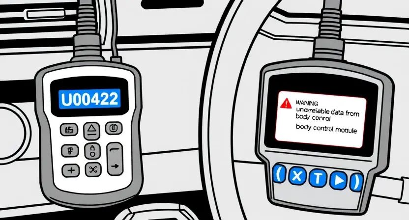 A high-quality technical illustration showing a diagnostic scanner connected to a vehicle's control module, displaying an error code U0422 with a warning about unreliable data from the body control module, clean technical diagram style, professional automotive repair context, no text or letters on image