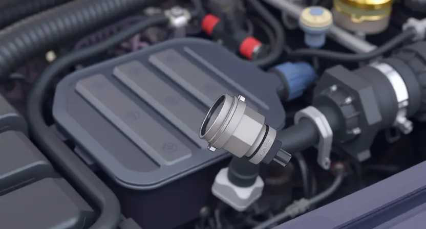 A detailed illustration of a car engine bay with a focus on a faulty sensor. The sensor is visually distinct, perhaps with a broken wire or a damaged connector. Surrounding the sensor are various engine components like hoses, wires, and the engine block. The background should be slightly blurred to emphasize the sensor.