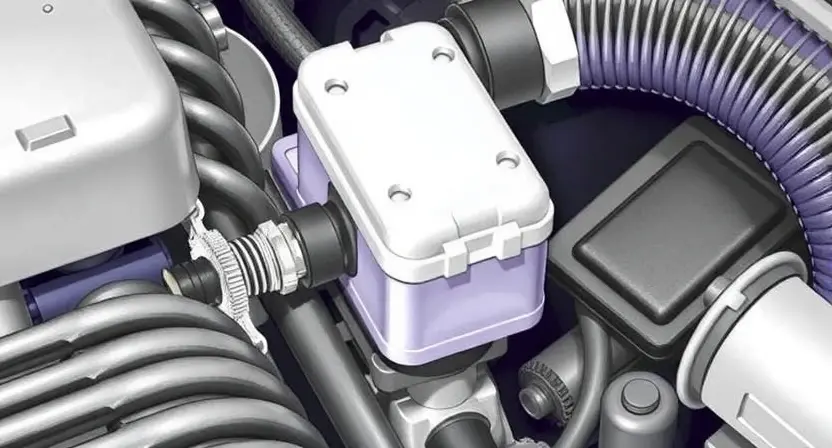 A close-up, detailed illustration of an engine bay with a focus on the Engine Coolant Temperature (ECT) sensor. The sensor should be clearly visible, along with nearby hoses and wiring. The overall scene should convey a sense of automotive mechanics and diagnostics.