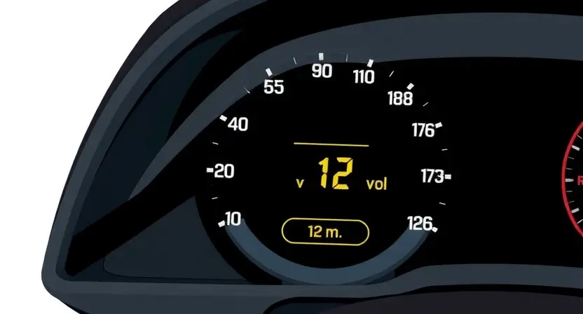 A clean, high-quality technical illustration of a modern car dashboard instrument cluster showing a warning light for low battery voltage, with a digital display indicating a voltage reading below 12 volts, set against a neutral background, no text or numbers visible