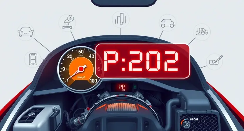 A high-quality technical illustration showing a car engine with a glowing check engine light on the dashboard, surrounded by floating diagnostic symbols and error code P2002 highlighted in red, clean background, detailed mechanical parts, professional lighting