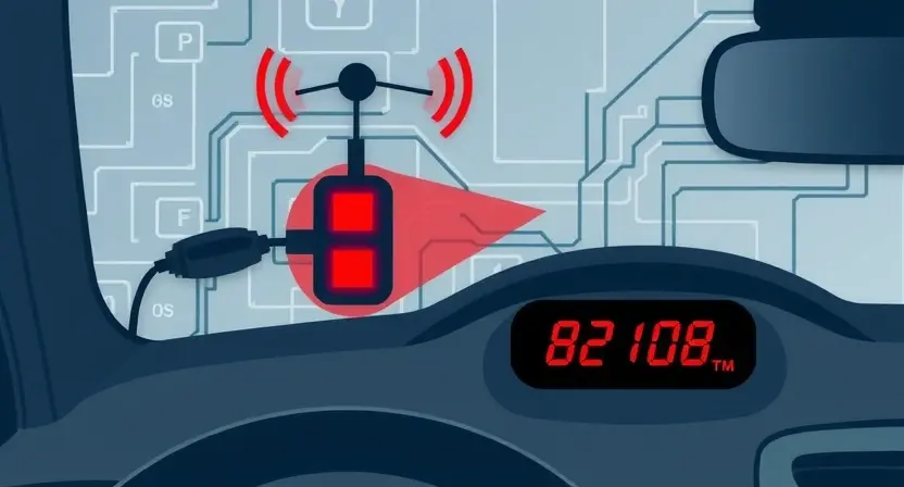A stylized automotive diagnostic illustration showing a car antenna circuit with a broken wire or faulty connection, highlighted with red error indicators and a dashboard warning light displaying 'B2108', set against a clean technical background with subtle circuit diagram elements, no text or labels visible in the image