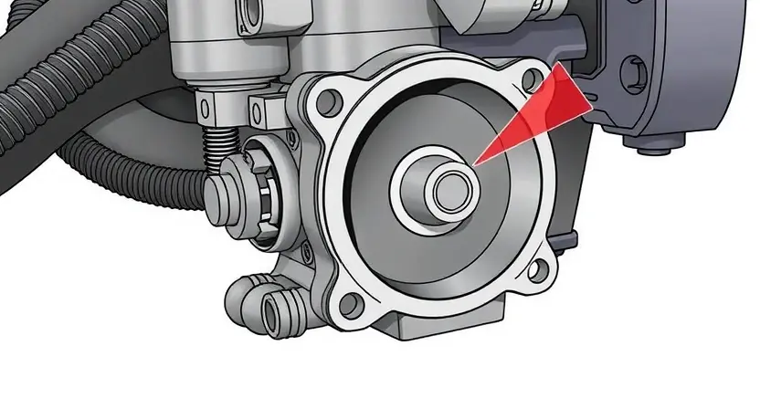 A detailed illustration of a car's throttle body, highlighting the potential areas of blockage or malfunction. The image should show the internal components of the throttle body, such as the butterfly valve, throttle plate, and surrounding mechanisms. Focus on visual representation of a stuck or partially blocked throttle plate. The background should be a clean, neutral color to emphasize the throttle body.