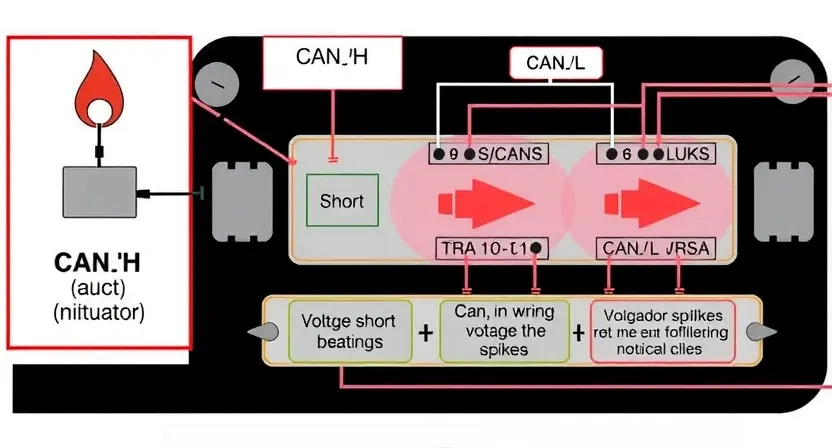 A detailed technical illustration showing a short circuit in a CAN bus circuit diagram, with highlighted wiring, voltage spikes, and fault indicators. Include symbols for CAN_H and CAN_L lines, a short between them, and visual cues like red warning flashes or overheating components. Depict in a clean, professional engineering schematic style with labeled parts and clear signal paths.