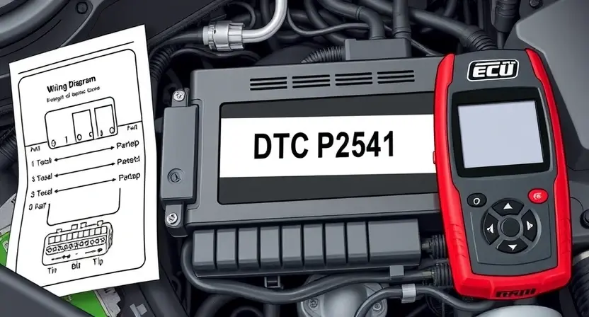 A close-up, detailed illustration of an automotive engine control unit (ECU) with highlighted diagnostic trouble code (DTC) P2541. The ECU should be surrounded by relevant automotive diagnostic tools like a scan tool displaying the error code and a wiring diagram. Focus on the electronic components and connectors of the ECU.