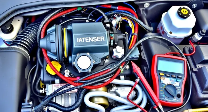 A detailed illustration of an automotive engine bay, focusing on the wiring harness and a sensor. The wiring is complex and colorful, with various connectors and labels visible. The sensor should be clearly identifiable, perhaps with a label indicating its function (e.g., 'Mass Air Flow Sensor'). Tools like a multimeter are subtly placed nearby, suggesting diagnostics. The overall lighting should be bright and even, highlighting the details of the engine components.