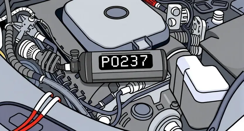 A detailed illustration of a car's engine bay with a diagnostic code reader displaying 'P0237'. Focus on the engine components, wiring, and the code reader. The image should clearly show the code and its context within the engine.