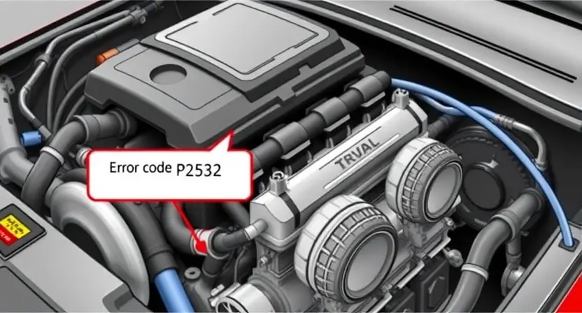 A detailed illustration of a car engine with a highlighted error code P2532. The engine should be realistically rendered, showing various components like pistons, valves, and sensors. The error code P2532 should be clearly displayed on a digital dashboard or a diagnostic screen near the engine.