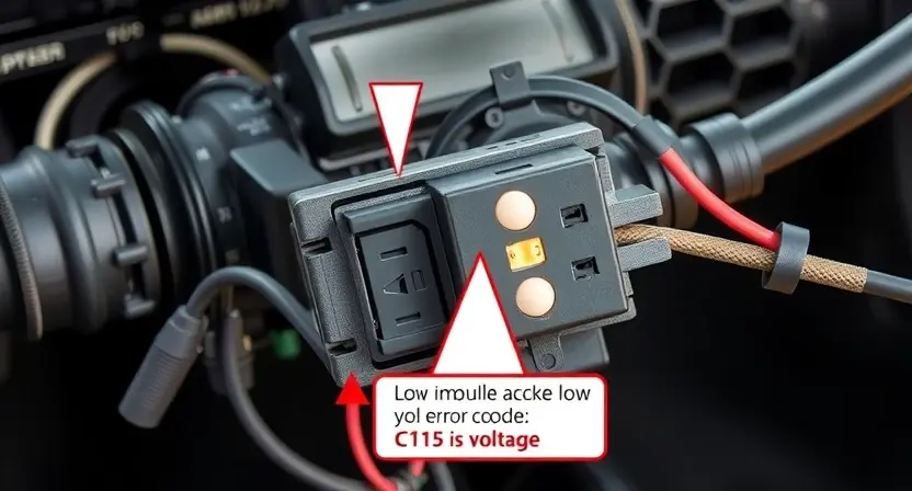 A close-up, detailed illustration of a car's steering rack and associated wiring harness. Highlight the control module with subtle glowing indicators suggesting low voltage. Focus on the electrical connections and components related to the C1215 error code. The background should be a slightly blurred automotive interior setting.