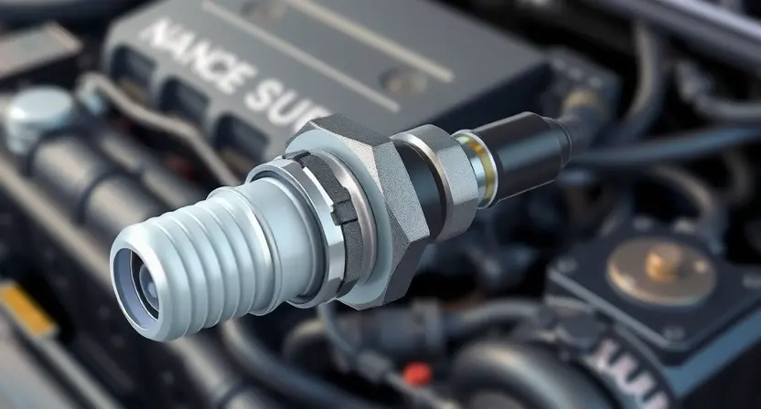 A close-up, detailed illustration of a car's oxygen sensor. The sensor should be clearly visible, with its wiring and connection points highlighted. The background should be a slightly blurred automotive engine bay, suggesting a vehicle environment. Focus on the sensor's physical components and its connection to the car's system.