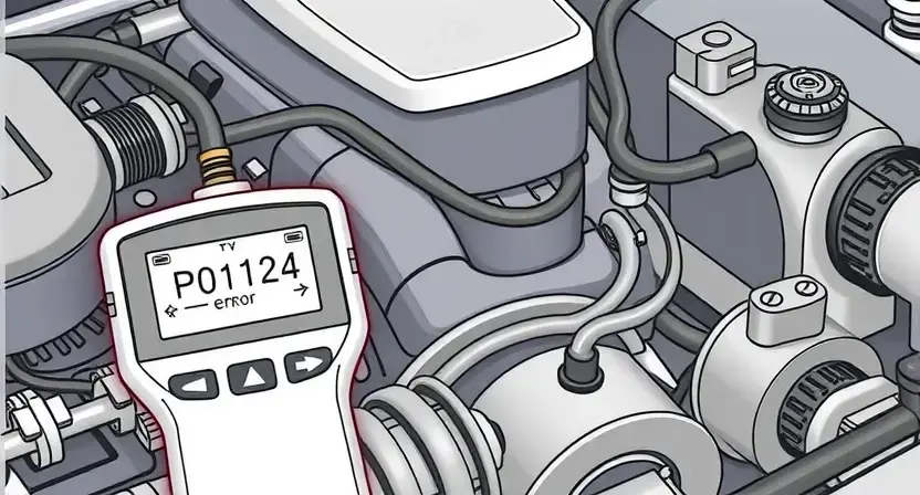 A close-up illustration of a car engine bay with a highlighted oxygen sensor. The sensor should be clearly visible, with wires connected to it. A diagnostic tool is shown connected to the sensor, displaying a P0124 error code on its screen. The background should show other engine components, but the focus is on the sensor and the diagnostic process.