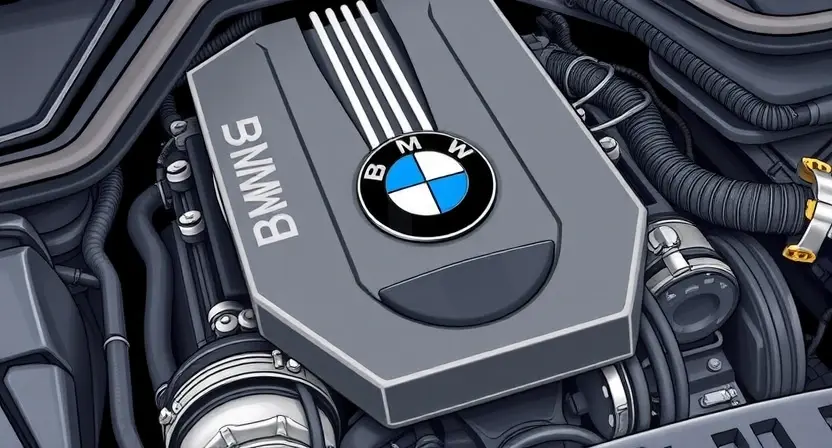 A detailed illustration of a BMW engine bay, focusing on the valve cover and associated components. The valve cover should be clearly visible, with potential visual cues indicating a faulty valve (e.g., a slightly discolored or corroded surface). Include relevant hoses and wiring in the background to provide context.