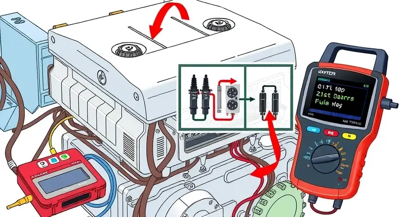 A detailed illustration of an engine control unit (ECU) with a highlighted fuel injector circuit. The ECU should be depicted with visible wiring and components. The fuel injector circuit should be clearly marked with arrows indicating the flow of fuel and electrical signals. Include diagnostic tools like a multimeter and a scan tool near the ECU. The background should be a clean, technical environment.