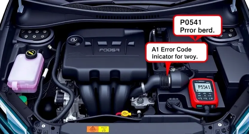 A detailed illustration of a car's engine bay, highlighting the P0541 error code indicator light. Focus on the diagnostic tools and wiring related to the issue.