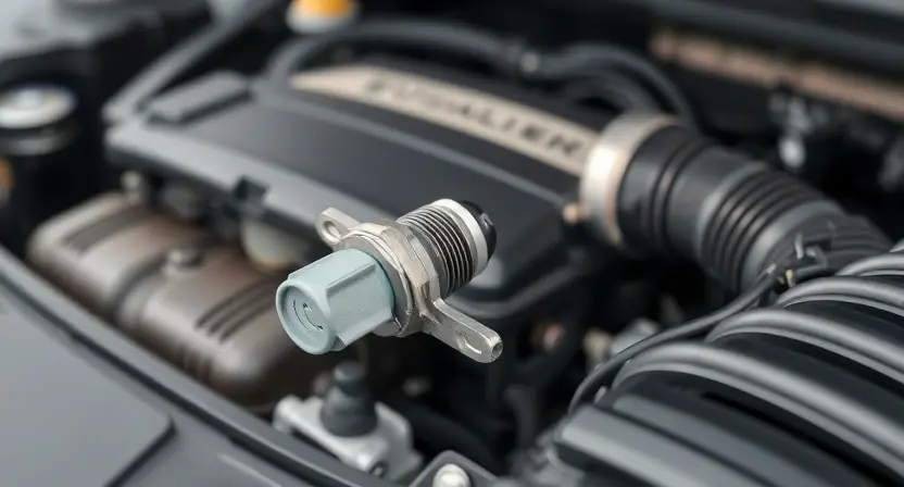 A close-up shot of a car's engine bay, focusing on the engine temperature sensor. The sensor should be clearly visible, with surrounding engine components blurred in the background. The overall lighting should be bright and clean, highlighting the sensor's details.