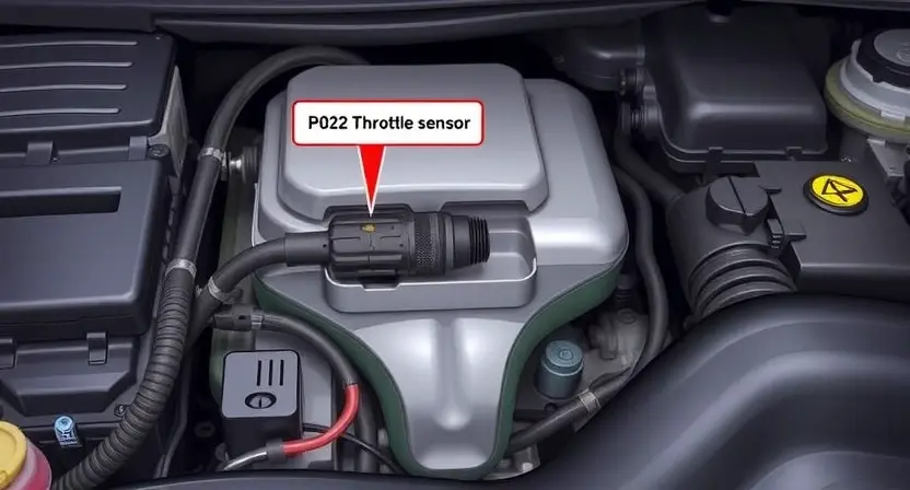A detailed illustration of a car engine bay, focusing on the throttle position sensor. The sensor should be clearly visible, with wiring and connections highlighted. Include visual cues representing the P0222 error code, such as a diagnostic light or a warning symbol. The overall aesthetic should be technical and informative, suitable for a repair manual or online tutorial.