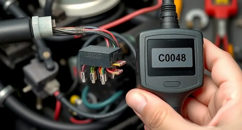 A close-up of a car's electrical wiring harness and connector pins showing signs of corrosion, frayed wires, and loose connections, with a mechanic's hand holding a diagnostic scanner displaying error code C0048, background blurred workshop tools