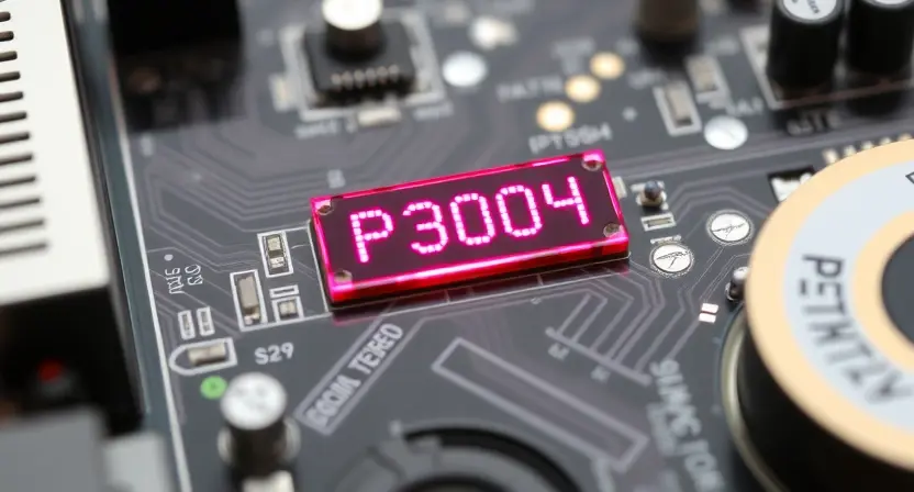 A close-up, detailed illustration of a computer motherboard with a highlighted error code P3004 displayed on a small LED indicator. Focus on the electronic components and the error indicator.