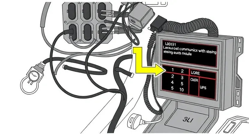 A technical illustration showing an automotive electronic power steering system with a highlighted error code U0131, indicating loss of communication with the steering assist module, featuring wiring harnesses, connectors, and a diagnostic display, rendered in a clean, high-detail style
