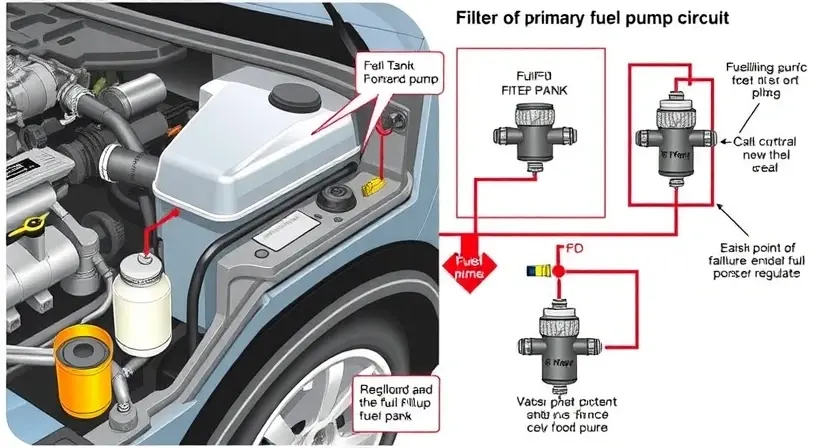 A detailed illustration of a car's fuel system, focusing on the primary fuel pump circuit. Include diagrams showing the fuel tank, fuel filter, fuel pump, fuel lines, and fuel pressure regulator. Highlight the potential points of failure within the circuit. The image should be informative and visually clear, suitable for a technical manual.