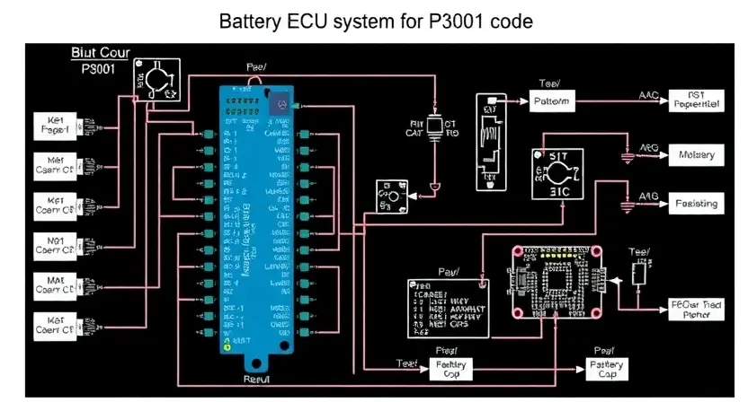 A detailed schematic diagram of a Battery ECU system, highlighting the P3001 error code location within the circuit. Focus on electronic components like capacitors, resistors, and microcontrollers. The diagram should be clean, well-organized, and easy to understand, with clear labels for each component and connection.