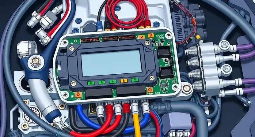 A close-up, detailed illustration of an electronic control unit (ECU) for an Electronic Parking Brake (EPB) system. The ECU should be surrounded by various automotive components like brake lines, sensors, and wiring harnesses, all rendered with a realistic and technical aesthetic. Focus on the intricate circuitry and connections within the ECU. The overall lighting should be bright and even, highlighting the details.