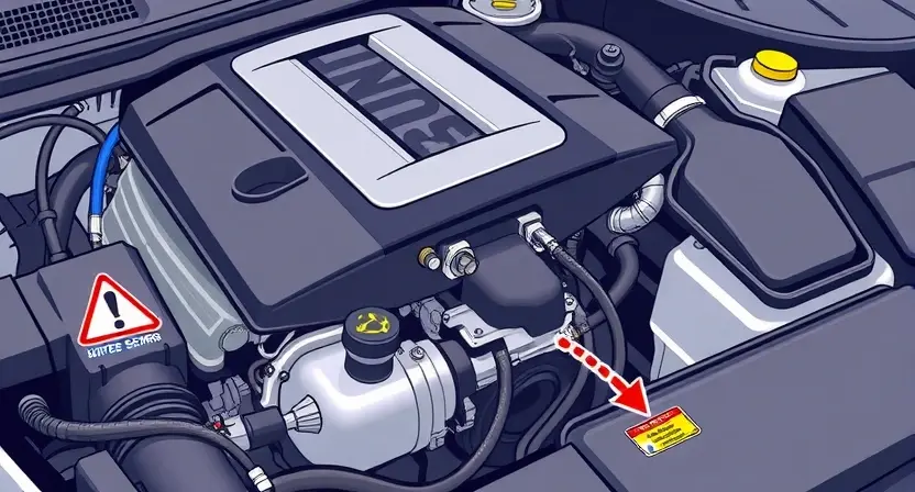 A detailed illustration of a car engine with a focus on the oxygen sensor and related wiring. The engine should be clean and well-lit, showcasing the components clearly. Highlight the oxygen sensor's position and its connection to the engine control unit (ECU). Include subtle visual cues indicating a potential issue, such as a slightly discolored wire or a faint warning symbol near the sensor.