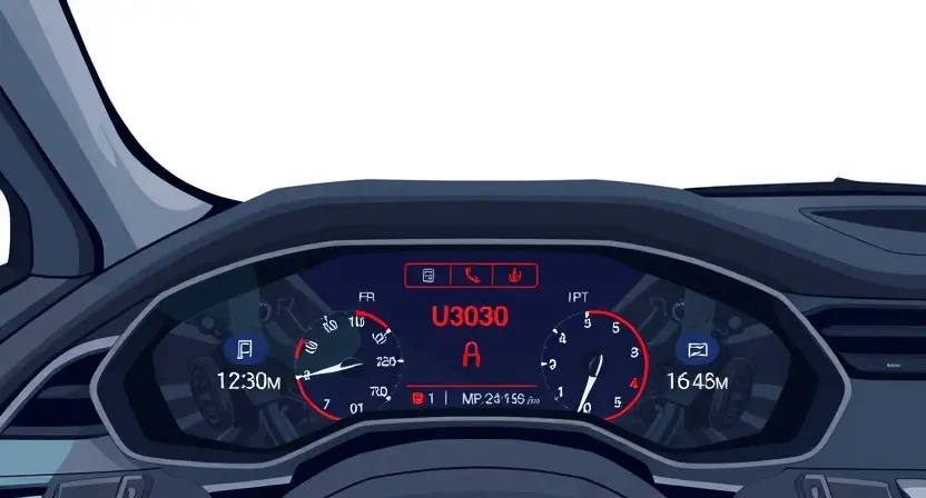 A detailed illustration of an electric vehicle's dashboard displaying a prominent 'U3030' error message. The background should subtly show internal electrical components, emphasizing the vehicle's technology. Focus on a clean, professional aesthetic, highlighting the error message's importance.