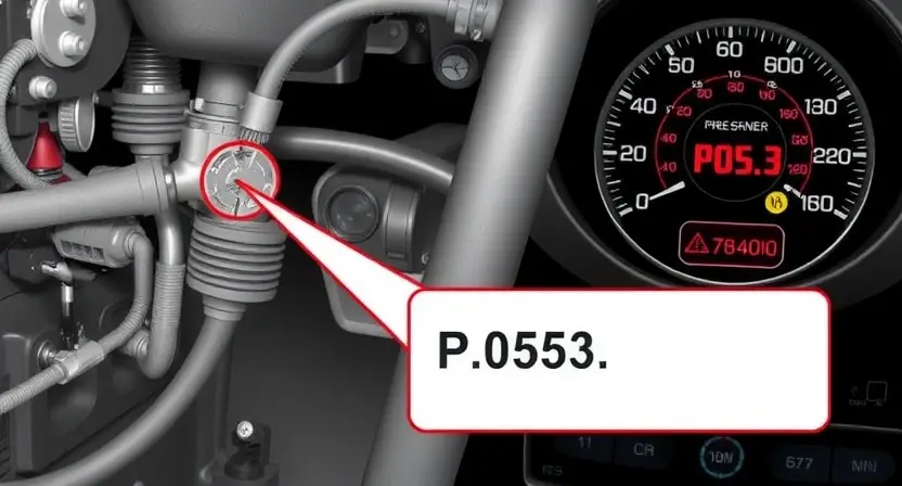 A detailed illustration of a car's power steering system with a highlighted pressure sensor and a visual representation of the P0553 error code. The sensor should be clearly visible, and the error code displayed on a dashboard-like interface.