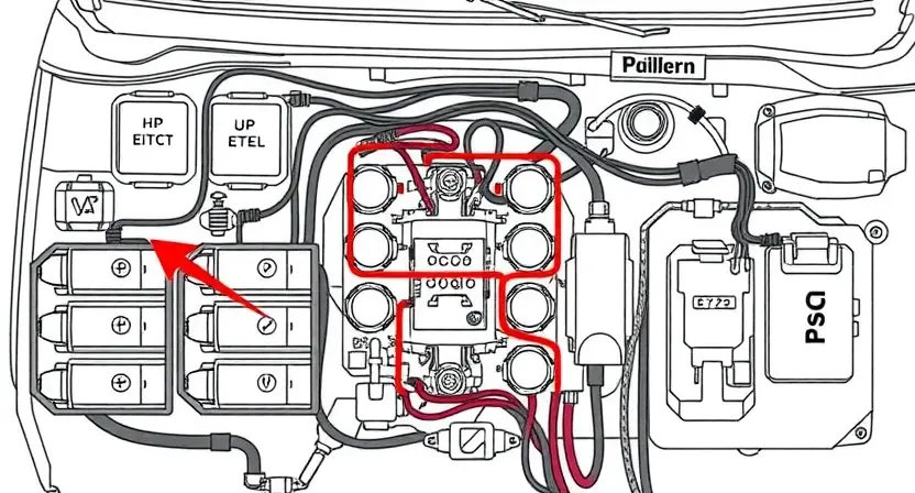 A detailed illustration of a car's electrical system with a highlighted P0624 error code indicator. The image should show wiring diagrams, sensors, and components related to the vehicle's engine control unit (ECU) and transmission. Focus on clarity and technical accuracy.
