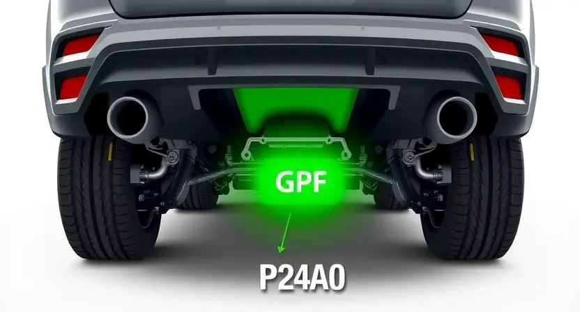 A high-quality technical illustration showing a modern diesel vehicle's exhaust system with a glowing green particulate filter (GPF) labeled as a saje filter, surrounded by subtle circuit-like patterns representing error code P24A0, clean white background, professional automotive engineering style