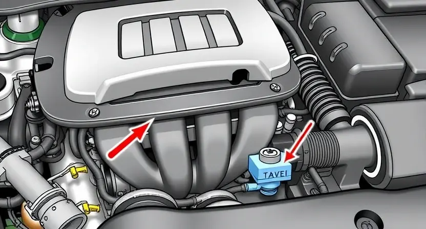 A detailed illustration of a car engine bay, focusing on the intake manifold and the location of the intake air temperature sensor. The sensor should be clearly visible, with arrows pointing to its position. Include surrounding engine components for context, but keep the focus on the sensor and its immediate vicinity. The image should convey a sense of technical accuracy and clarity.