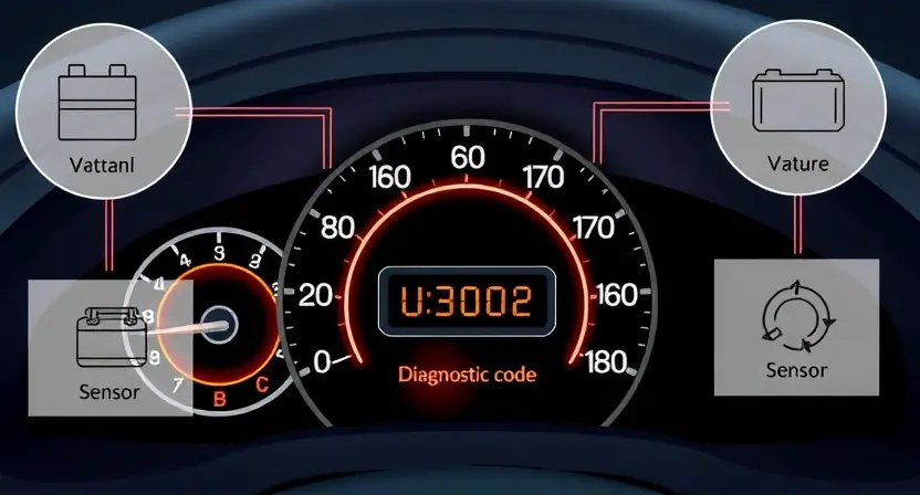 A technical illustration showing a car dashboard with a glowing check engine light and a diagnostic code display reading 'U3002', surrounded by subtle wiring diagrams and sensor icons representing battery voltage and control module communication, in a clean, professional automotive tech style