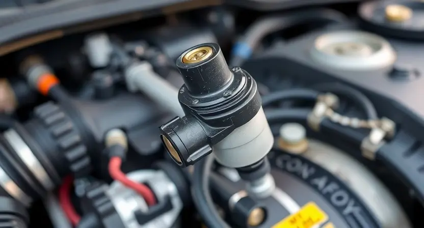 A close-up, detailed photograph of an ABS solenoid valve within a car's engine compartment. Focus on the solenoid coil and wiring connections. The background should be slightly blurred, showing other engine components but not distracting from the solenoid. The lighting should be bright and even, highlighting the details of the solenoid.