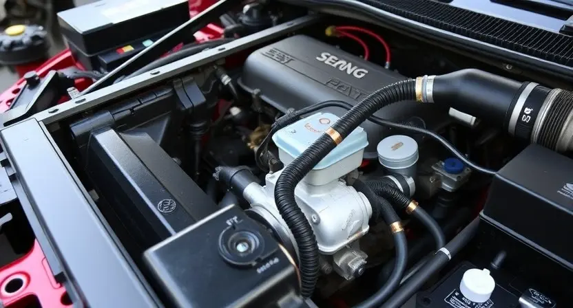 A close-up, detailed image of a car's engine bay, specifically focusing on the cooling system components. Show the radiator, hoses, water pump, and thermostat. The components should appear clean and well-maintained. Focus on the physical parts, not diagrams or illustrations.