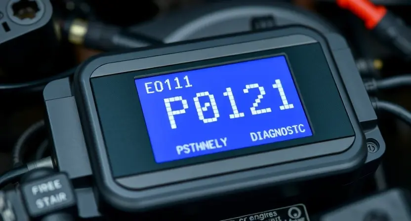 A close-up, detailed image of an engine control unit (ECU) with diagnostic codes displayed on a screen. Wires and sensors are subtly visible in the background. The overall lighting is professional and clean, emphasizing the technical aspects. Focus on the display showing "P0121".