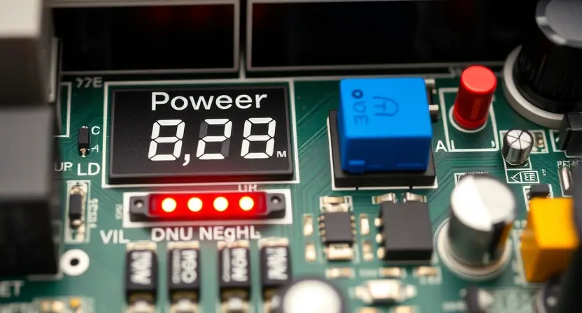 A close-up, detailed image of an electronic circuit board with a sensor angle input. Focus on the power supply section and the voltage indicators. Show a visual representation of a weak signal, perhaps with a faint, flickering light or a slightly dimmed indicator. The board should be well-lit, highlighting the components.