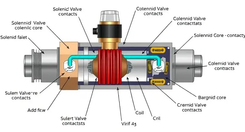 A detailed illustration of a solenoid valve, highlighting its internal components like coils, contacts, and solenoid core. The image should clearly show the valve's construction and potential points of failure. Focus on technical accuracy and clarity.