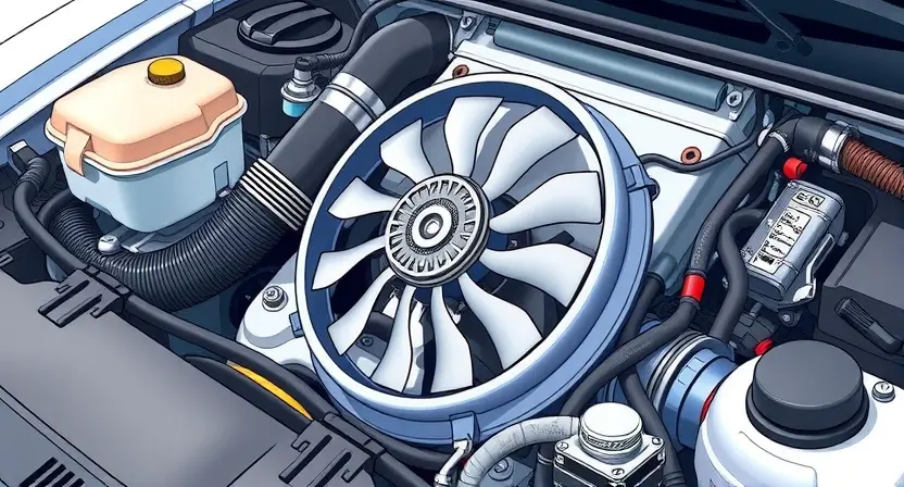 A close-up, detailed illustration of a car's engine bay, specifically focusing on the cooling fan and surrounding components. The fan should be clearly visible, with its blades and motor detailed. Include hoses, wires, and other engine parts to provide context. The overall lighting should be bright and clean, highlighting the mechanical elements.
