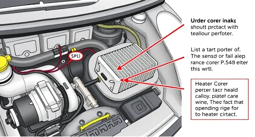 A detailed illustration of a car's intake heater circuit, showing the wiring, heater core, and temperature sensor. The image should highlight the potential points of failure related to the P0540 error code. Focus on technical accuracy and clarity.