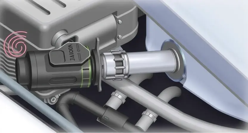 A detailed illustration of a car's engine bay, highlighting the oxygen sensor and its connection to the engine. Focus on the sensor's physical appearance and its position within the exhaust system. Include subtle visual cues representing the fuel-air mixture, such as faint, swirling patterns near the sensor. The overall image should convey a sense of technical precision and clarity.