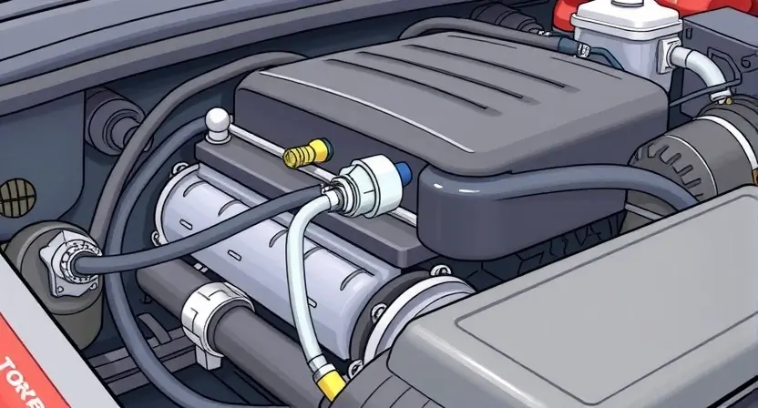 A close-up, detailed illustration of a car's engine bay. Focus on the oxygen sensor and related wiring. The engine should appear clean and well-maintained. Use bright, realistic colors to highlight the sensor's location and connections.