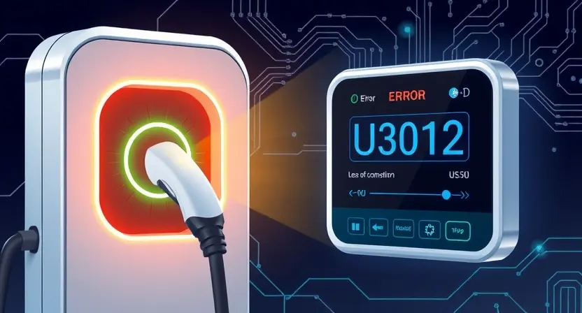 A high-quality technical illustration showing a modern electric vehicle charging station with a glowing charging port, a controller unit displaying a warning sign for error U3012, and a digital interface indicating loss of connection, with subtle electric field lines and circuit patterns in the background