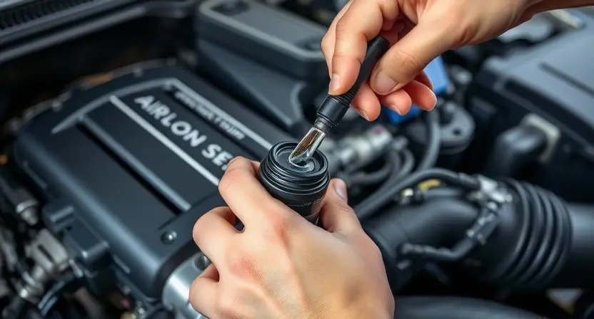 A close-up, detailed image of an automotive engine bay. Focus on the mass airflow sensor (MAF sensor) and its connector. Show a mechanic's hand carefully cleaning the sensor connector with a specialized cleaning solution and brush. The engine should be clean and well-maintained. The overall lighting should be bright and professional, highlighting the components. The background should be slightly blurred, suggesting a workshop environment.